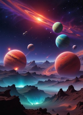 A vibrant, colorful galaxy with several planets