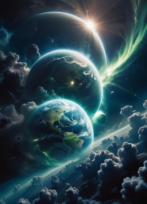 Three planets glow in space, lit by a bright sun