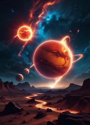A glowing planet hangs over a red desert landscape