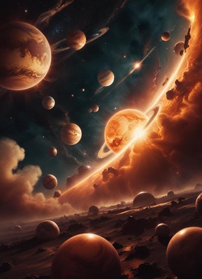 A bright planet with rings glows in the dark sky