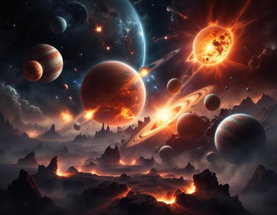A fiery cosmic landscape with planets and stars