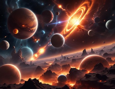 A fiery explosion in space illuminates planets and mountains