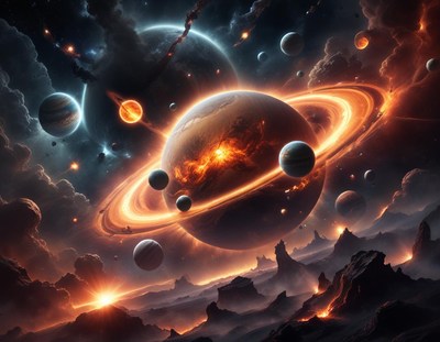 A fiery planet with rings dominates the night sky