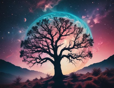 A lone tree towers under a big moonlit sky