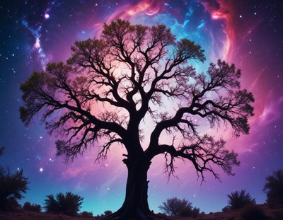 A large tree stands tall against a starry night sky