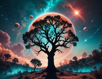 A tall tree rises against a starry sky