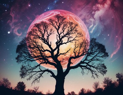 A pink moon lights up a tall, bare tree