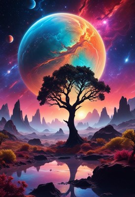 A lone tree in a surreal landscape with a bright planet
