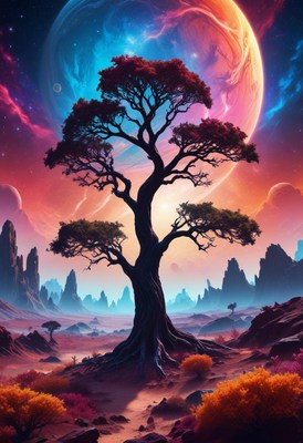 A lone tree rises in a desert under a giant planet