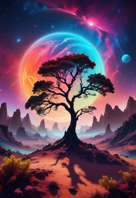 A lone tree towers over colorful mountains