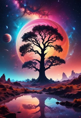 A lone tree in a surreal landscape beneath a vibrant planet