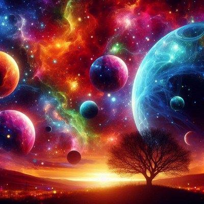 Galaxy with planets and a silhouetted tree at sunset