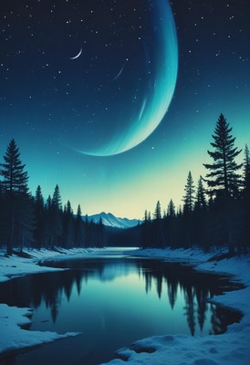 Snowy lake, crescent moon, planet above