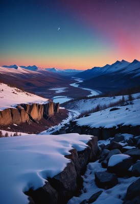 A crescent moon hangs over snow-capped mountains at twilight