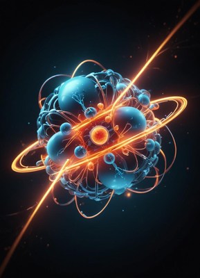 Blue sphere with orange rings and glowing core