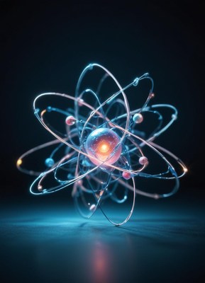 A glowing blue atom model sits on a dark surface