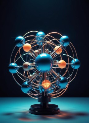 Rotating metal sculpture with blue and orange spheres