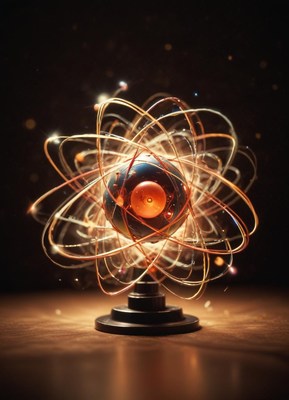 A glowing atom model sits on a wooden table