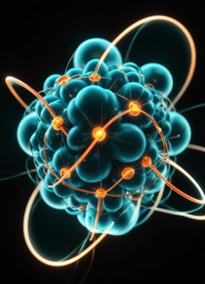 3d atom: orange electrons orbit blue nucleus