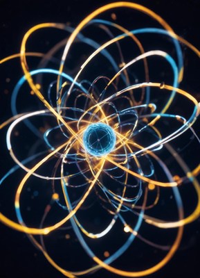 A blue and gold orb surrounded by swirling lines of light