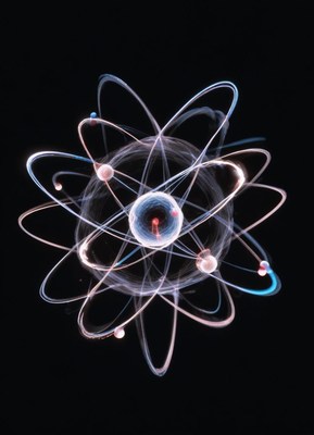 A glowing atom model on a black background