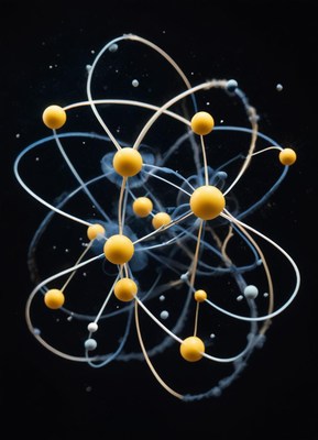 Yellow spheres orbit, linked by thin white lines