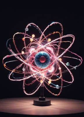 A glowing atom model sits on a table in a dark room