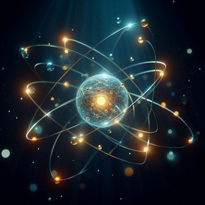 A glowing atom model with orbiting electrons