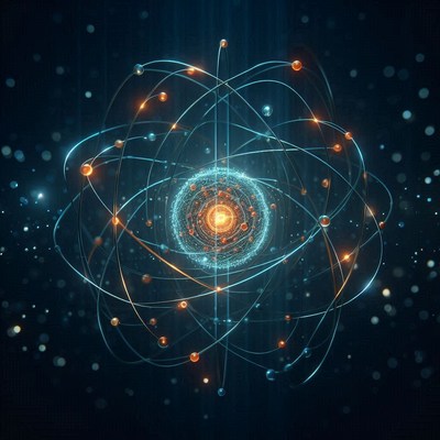 An atom illustration in dark blue space