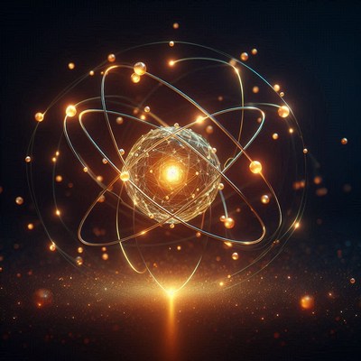 Glowing atoms orbit a bright golden core