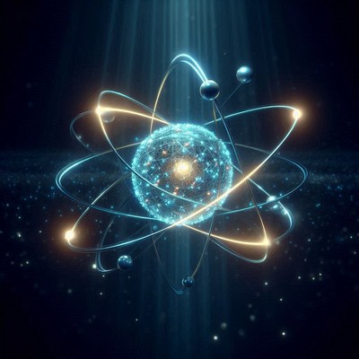 A glowing atom model with orbiting electrons