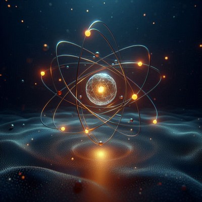 A glowing atom model sits above a dark surface