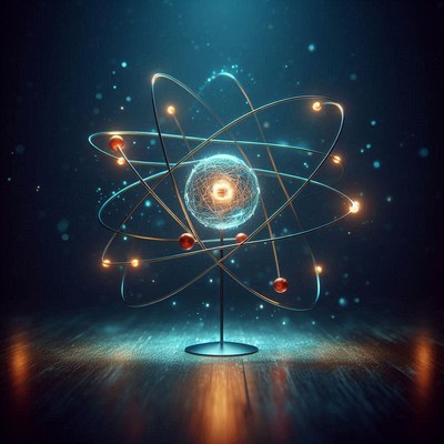 A glowing atom model sits on a dark wooden surface