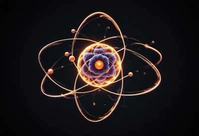 A glowing atom spins on a black background
