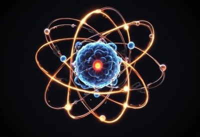 A glowing atomic model against a dark background