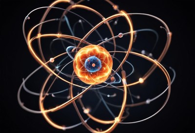 3d atom model: orange nucleus, orbiting electrons