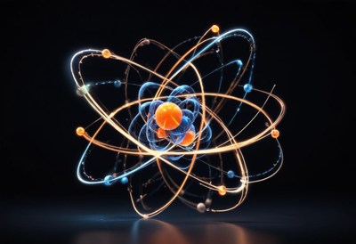 A glowing atom model with electrons orbiting the nucleus