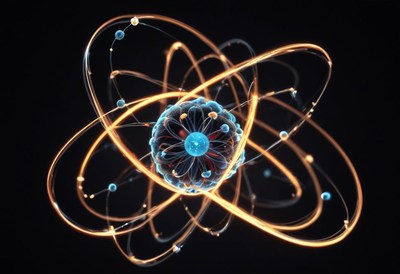 A glowing atom model with electrons orbiting a nucleus