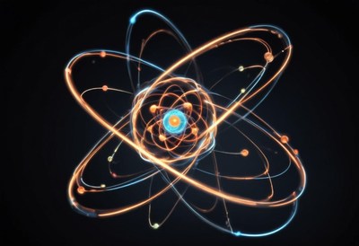 An atom with an orange and blue nucleus