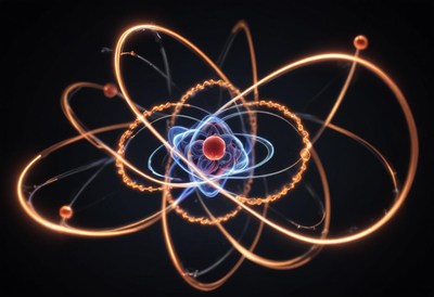 Digital model of an atom with orbiting electrons