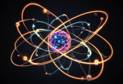 A vibrant illustration of an atom with orbiting electrons
