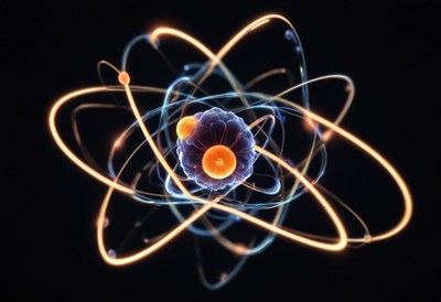 Glowing particles orbiting a digital atom illustration