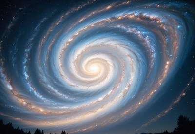 The milky way galaxy spirals above a dark forest