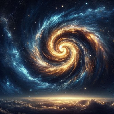 A swirling galaxy above clouds
