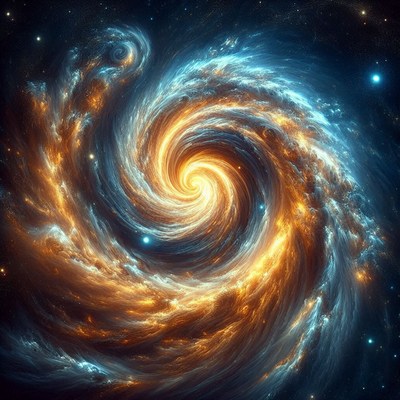 A swirling galaxy with a bright, golden core