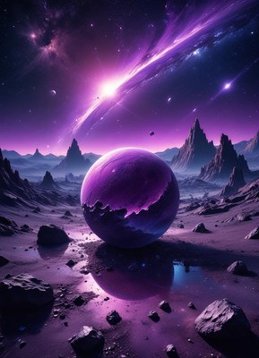 A large, purple sphere rests on an alien landscape