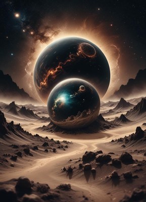 A desert planet with two large planets in the sky