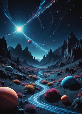 Winding path through a rocky valley on an alien world