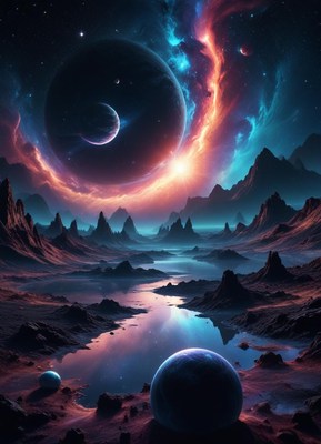 A huge planet looms over a winding alien river