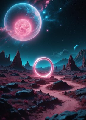 A pink ring floats above an alien landscape